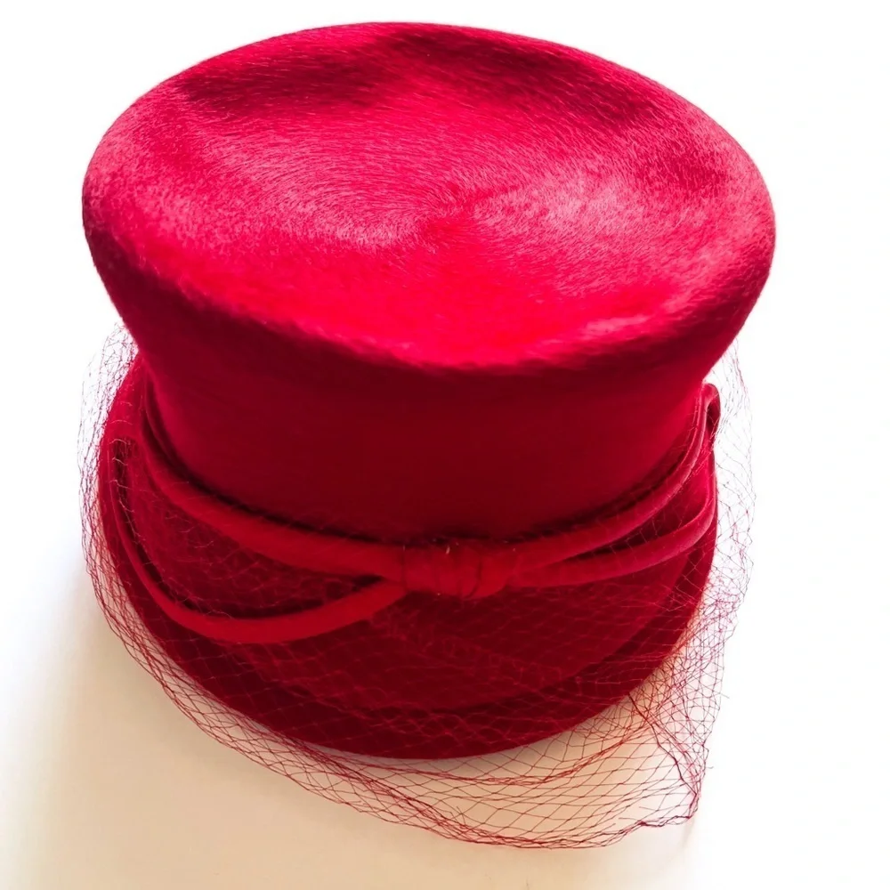 Vintage Netted Red Pillbox Felted Wool Hat by Henry Pollak NY Starfire